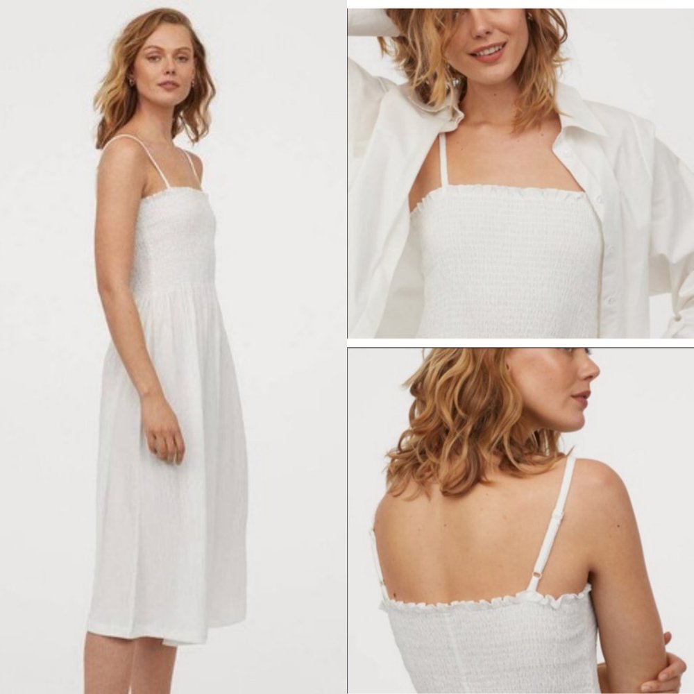 H&M Smocked Spaghetti Strap Midi Dress, White, M